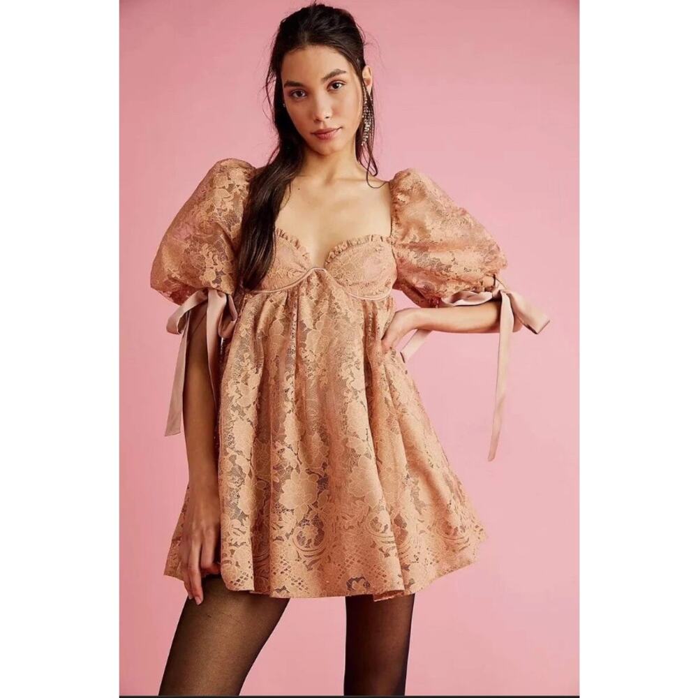 For Love & Lemons Lace Puff Sleeve Babydoll Mini Dress Blush Bow‎ Nude Womens XS
